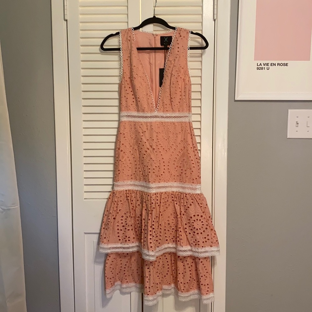 NBD Pink and White Eyelet midi dress